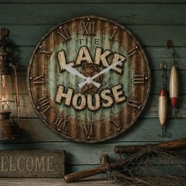 Lake House Bass Fishing Rustic Angler Cabin  ラージ壁時計