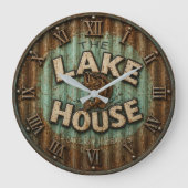 Lake House Bass Fishing Rustic Angler Cabin ラージ壁時計 (正面)