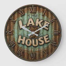 Lake House Bass Fishing Rustic Angler Cabin ラージ壁時計