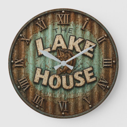 Lake House Bass Fishing Rustic Angler Cabin ラージ壁時計 (正面)