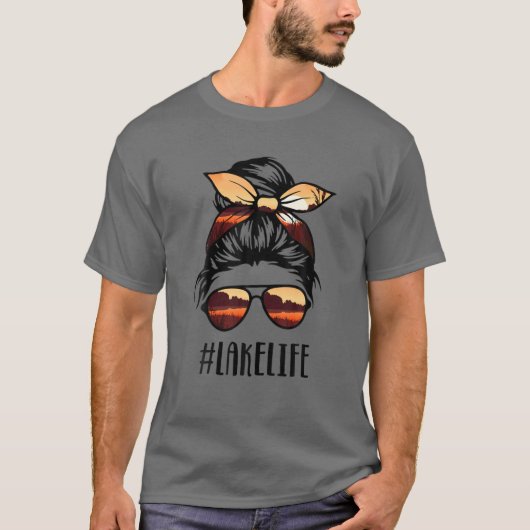 Lake Life Messy Bun Life Hair Glasses Funny Tシャツ (正面)