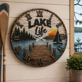 Lake Life Rustic Dock Lake House & Cabin Sunset ラージ壁時計