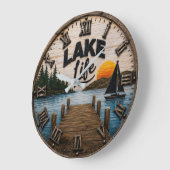 Lake Life Rustic Dock Lake House & Cabin Sunset ラージ壁時計 (傾斜)