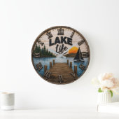Lake Life Rustic Dock Lake House & Cabin Sunset ラージ壁時計 (ホーム)
