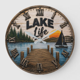 Lake Life Rustic Dock Lake House & Cabin Sunset ラージ壁時計