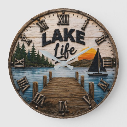Lake Life Rustic Dock Lake House & Cabin Sunset ラージ壁時計 (正面)