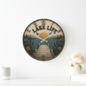 Lake Life Sunset Dock Rustic Lake House ラージ壁時計 (ホーム)