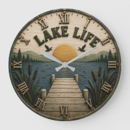 Lake Life Sunset Dock Rustic Lake House ラージ壁時計