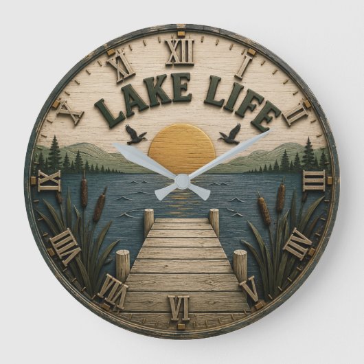 Lake Life Sunset Dock Rustic Lake House ラージ壁時計 (正面)