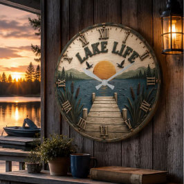 Lake Life Sunset Dock Rustic Lake House ラージ壁時計