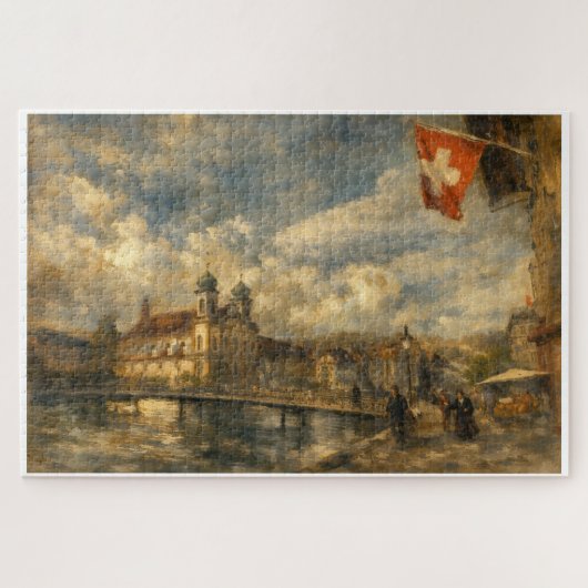Lake Lucerne Swiss Flag & Jesuit Church Art Puzzle ジグソーパズル (横)