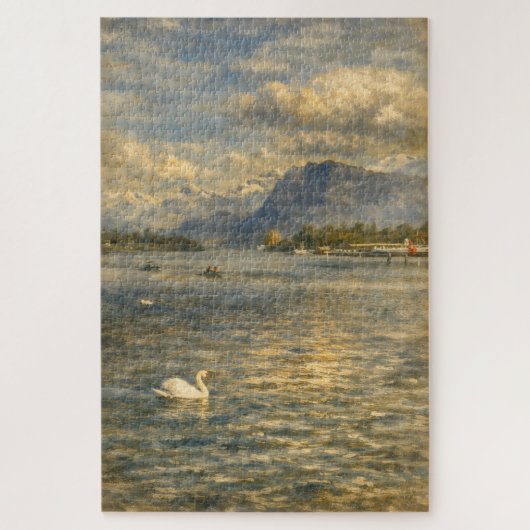 Lake Lucerne Switzerland Swan & Alps Art Puzzle ジグソーパズル (縦)