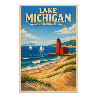 Lake Michigan, USA, in a classic retro travel ポスター