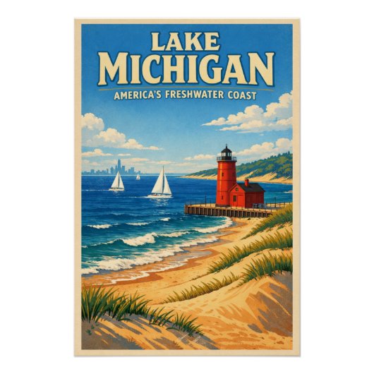 Lake Michigan, USA, in a classic retro travel ポスター (正面)