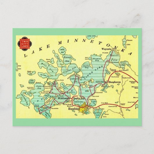 Lake Minnetonka Map Bordered Postcard ポストカード (正面)