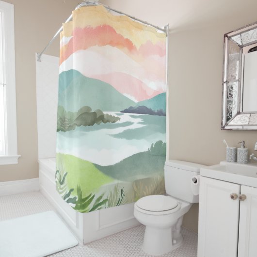 Lake Morning Sunrise | Watercolor Nature シャワーカーテン (インサイチュ)