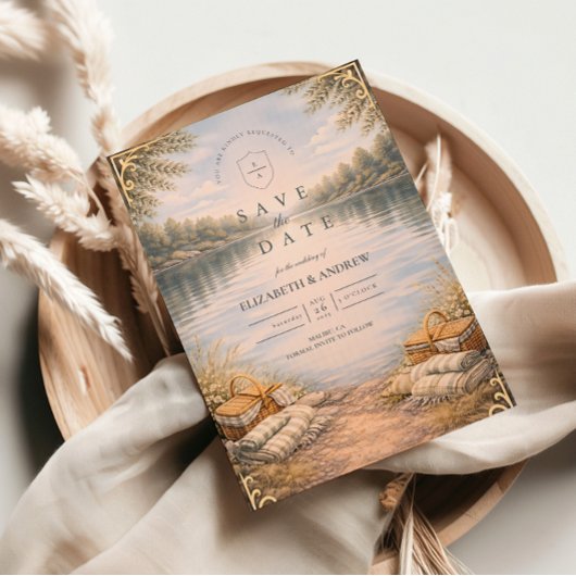 Lake Picnic Forest Elegance Wedding セーブザデート