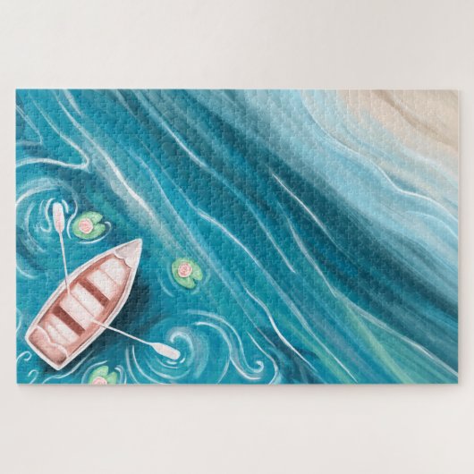 Lake With Whales & Lilly Pads Oil Painting ジグソーパズル (横)