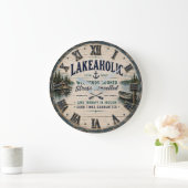Lakeaholic Rustic Lake House Cabin Retreat Decor ラージ壁時計 (ホーム)