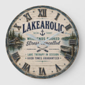 Lakeaholic Rustic Lake House Cabin Retreat Decor ラージ壁時計 (正面)