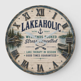 Lakeaholic Rustic Lake House Cabin Retreat Decor ラージ壁時計