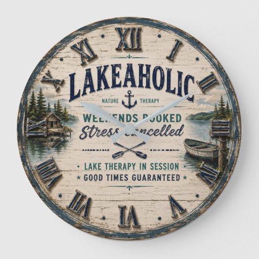 Lakeaholic Rustic Lake House Cabin Retreat Decor ラージ壁時計 (正面)