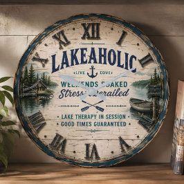 Lakeaholic Rustic Lake House Cabin Retreat Decor ラージ壁時計