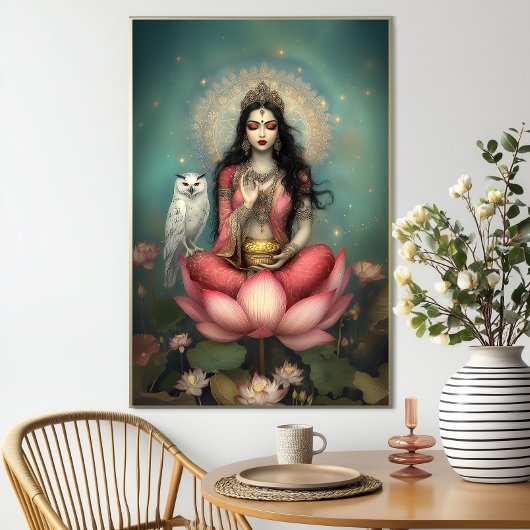 Lakshmi Hindu Goddess of Prosperity Owl Lotus ポスター