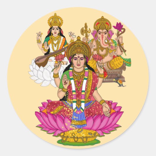Lakshmi Saraswati Ganesha Stickers ラウンドシール (正面)