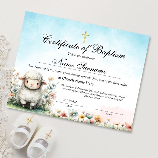 Lamb Certificate of Baptism, Baby Dedication