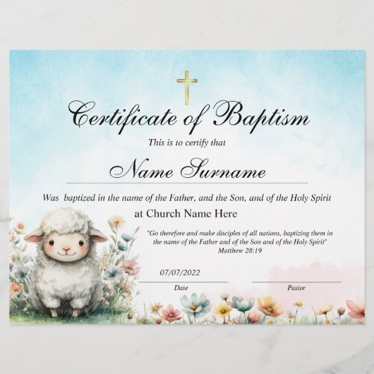 Lamb Certificate of Baptism, Baby Dedication (正面)