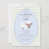 Lamb Farm Party Animals Boys 1st Birthday Blue 招待状 (正面)