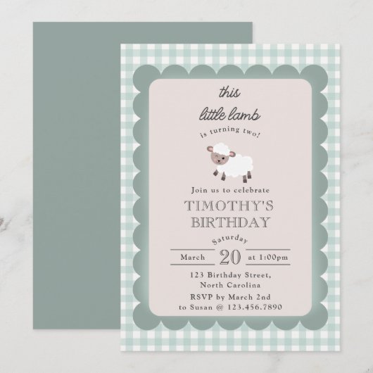 Lamb Farm Party Animals Boys 1st Birthday Blue 招待状 (正面/裏面)