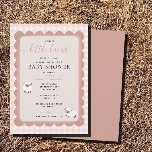 Lamb Farm Party Animals Pink Girl Baby Shower 招待状