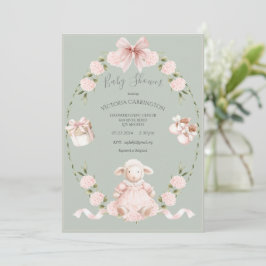 Lamb Floral Hydrangeas Pink Sage Girl Baby Shower 招待状