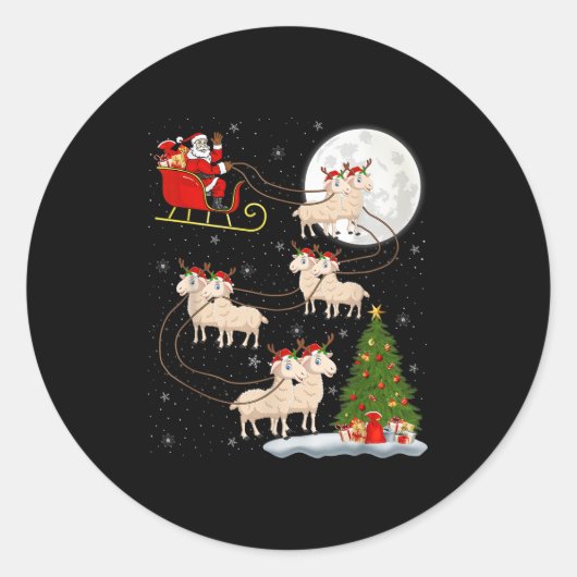 Lambs Sheep Santa Sleigh Flying Funny Magical Chri ラウンドシール (正面)