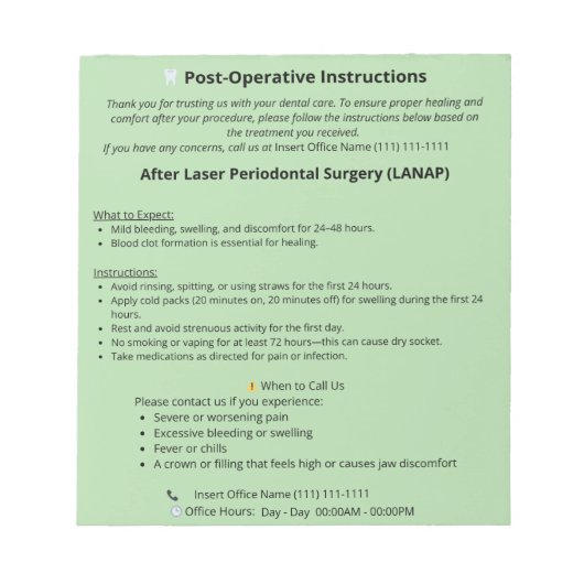 LANAP 術後指示メモ帳 ノートパッド (正面)