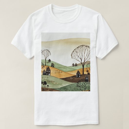 landscape of hills with small houses tシャツ (デザイン正面)