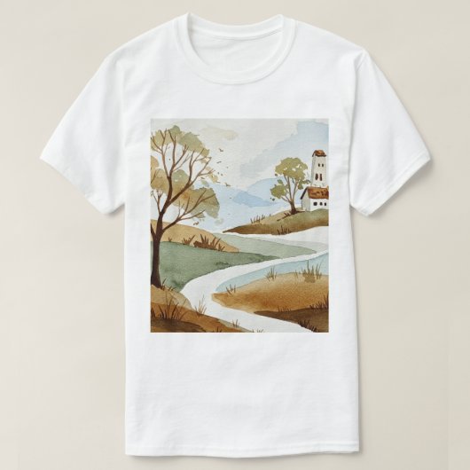 landscape of hills with small houses tシャツ (デザイン正面)