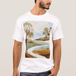 landscape of hills with small houses tシャツ