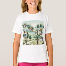 landscape of hills with small houses tシャツ