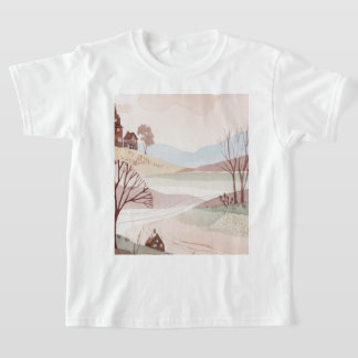 landscape of hills with small houses tシャツ