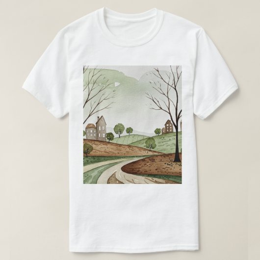 landscape of hills with small houses tシャツ (デザイン正面)