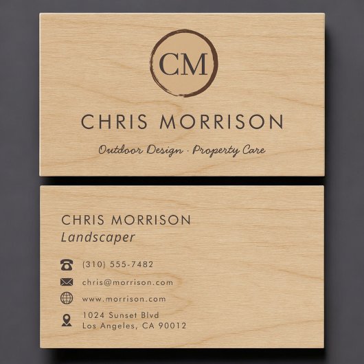 Landscaper Rustic Wood Monogram Professional 名刺