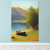 Landschaft mit See, Boot und Berge キャンバスプリント (インサイチュ (ウッドフロア))