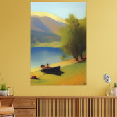 Landschaft mit See, Boot und Berge キャンバスプリント (インサイチュ (リビング))