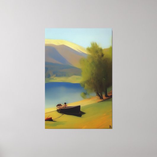 Landschaft mit See, Boot und Berge キャンバスプリント (正面)