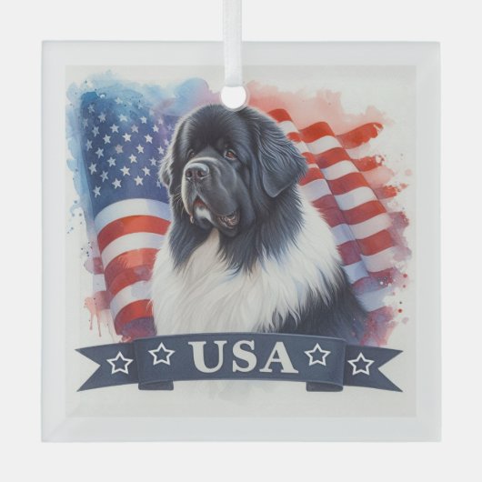 Landseer Newfoundland Dog Patriotic ガラスオーナメント (正面)