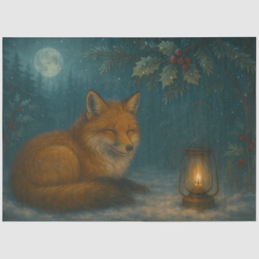 Lantern Fox Under the Holly Moon Winter Decoupage  薄葉紙 (正面)
