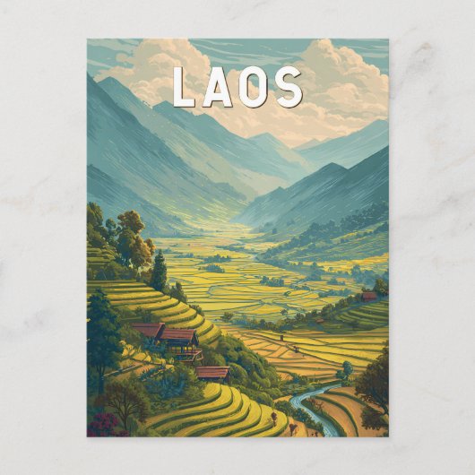 Laos Illustration Travel Art Vintage ポストカード (正面)